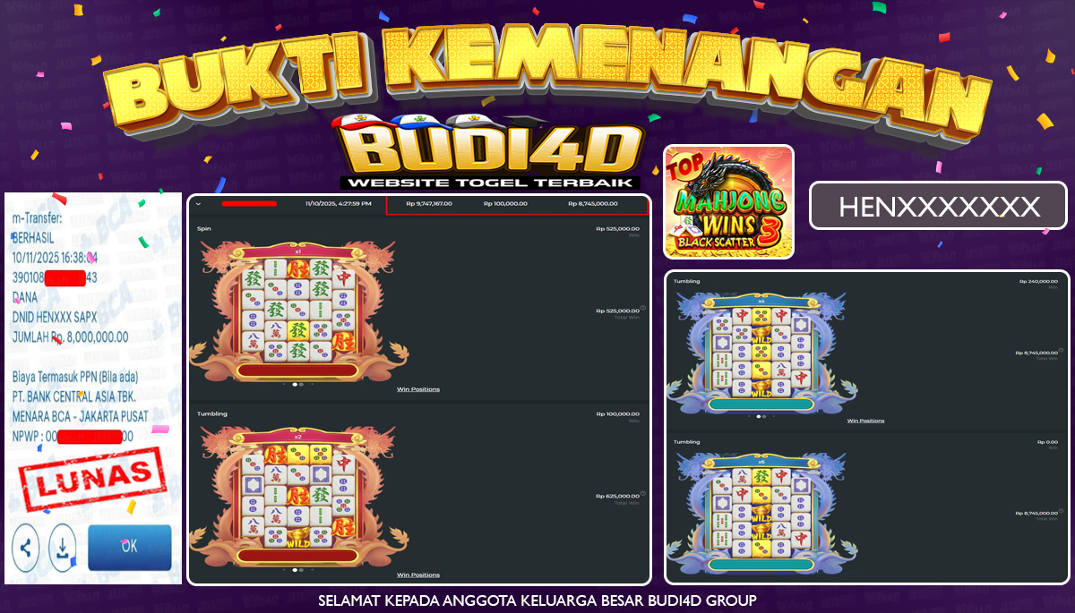 BUDI4D JACKPOT USER ID : HEN**** SLOT PRAGMATIC PLAY ( Mahjong Wins 3 - Black Scatter ) Rp.8.000.000,- LUNAS